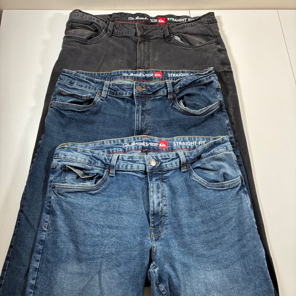 LOT OF 3 Quiksilver Jeans 38x30 Black Blue Straight Faded Stretch Denim 90s Y2K